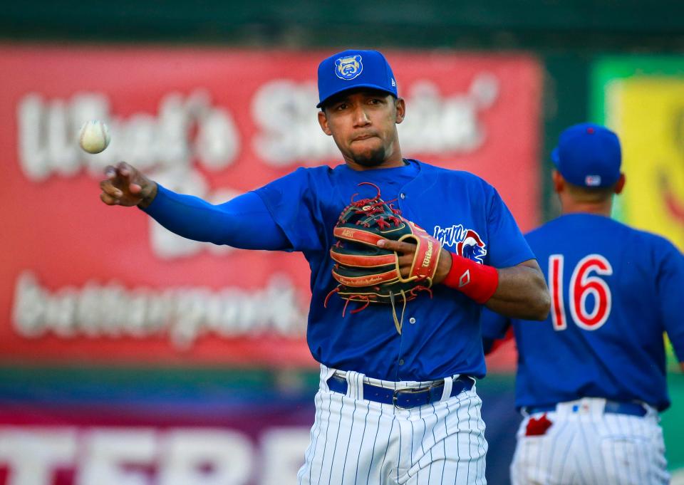 Iowa shortstop Dixon Machado throws the ball after making a defensive stop against Toledo during a Triple-A baseball game on April 12 at Principal Park in Des Moines.