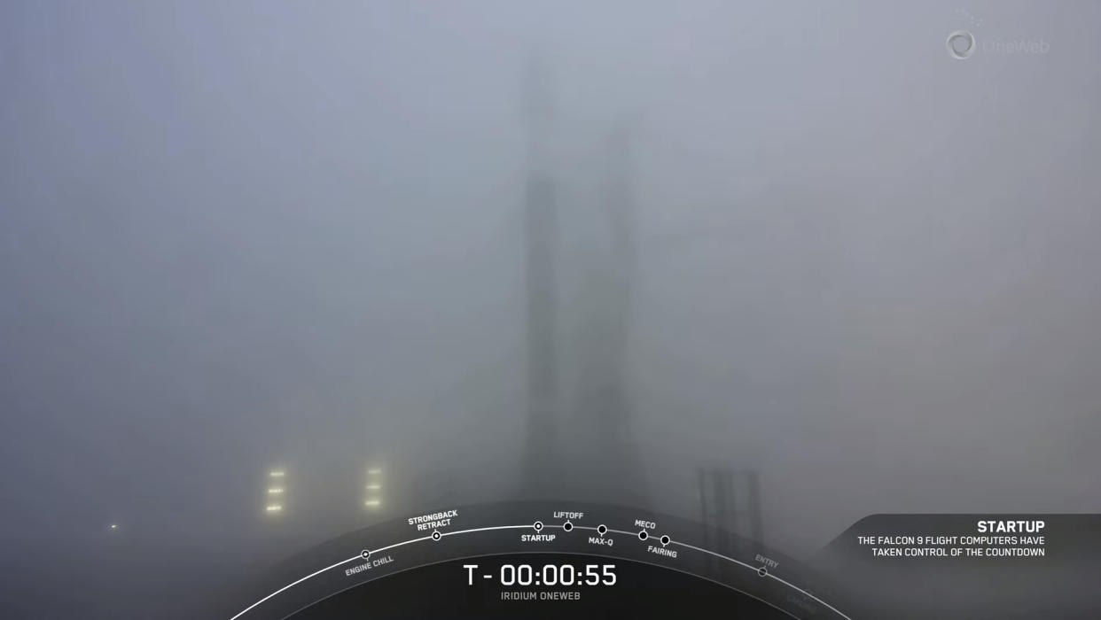  A SpaceX Falcon 9 rocket obscured by fog at Vandenberg Space Force Base in California during a launch abort on May 19, 2023. 