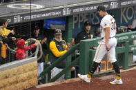 Pittsburgh Pirates starting pitcher Paul Skenes (30) walks to the dugout after being pulled by manager Derek Shelton during the fifth inning of a baseball game against the Chicago Cubs in Pittsburgh, Saturday, May 11, 2024. (AP Photo/Gene J. Puskar)