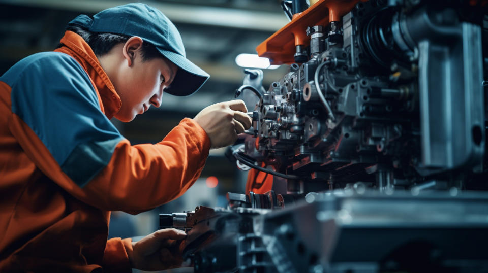 A close-up shot of a machine operator installing a industrial component inside a factory.