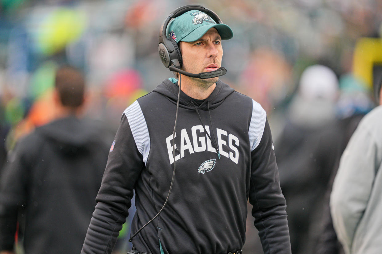 PHILADELPHIA, PA - JANUARY 29: Philadelphia Eagles offensive coordinator Shane Steichen looks on during the Championship game between the San Fransisco 49ers and the Philadelphia Eagles on January 29, 2023. (Photo by Andy Lewis/Icon Sportswire via Getty Images)