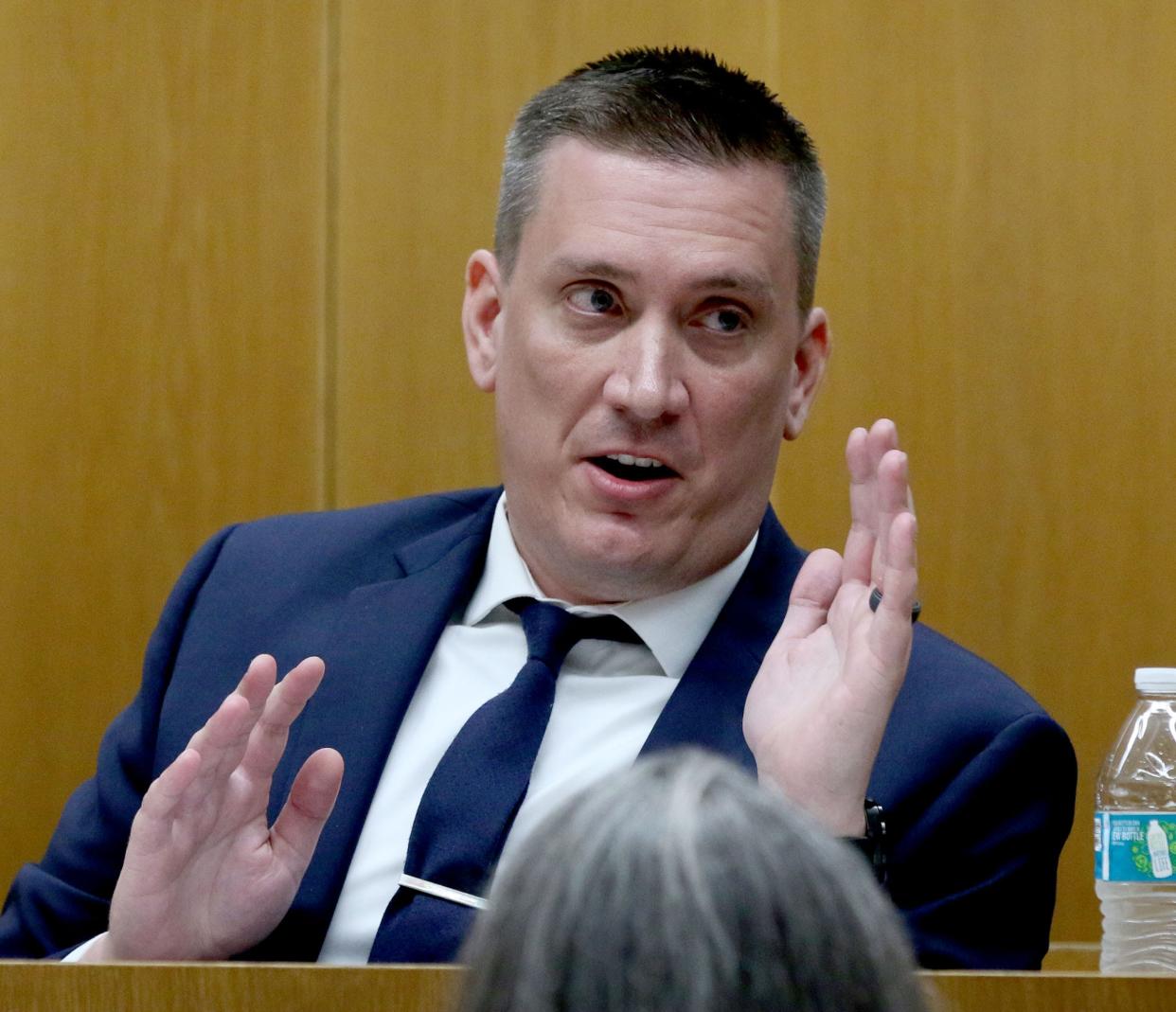 Ocean County Prosecutor's Office Detective Sergeant Raymond Coles speaks about data examined from Christopher Gregor's phone during Gregor's trial before Superior Court Judge Guy P. Ryan in Toms River Tuesday, May 7, 2024. Gregor is charged with the 2021 murder and child endangerment of his 6-year-old son Corey Micciolo.