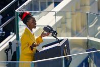 <p>Amanda Gorman delivered her poem <em>The Hill </em><em>We Climb</em> for the Inauguration dressed in <a href="https://www.prada.com/us/en.html" rel="nofollow noopener" target="_blank" data-ylk="slk:Prada;elm:context_link;itc:0;sec:content-canvas" class="link ">Prada</a>, a house with whom she has collaborated in the past. A double-breasted coat in an uplifting shade of yellow, red satin headband, and classic white poplin shirt and black pencil skirt deliver a polished look much like the reading Gorman gave. </p><p>Gorman accessorized the outfit with a pair of <a href="https://go.redirectingat.com/?id=74968X1525071&xs=1&url=https%3A%2F%2Fwww.neimanmarcus.com%2Fc%2Fdesigners-nikos-koulis-cat69360749&sref=https%3A%2F%2Fwww.cosmopolitan.com%2Fstyle-beauty%2Ffashion%2Fa35268214%2Famanda-gorman-biden-inauguration-poet-outfit%2F%3Futm_campaign%3Dlikeshopme%26utm_content%3Dwww.instagram.com%2Fp%2FCKR1uI1BpsG%2F%26utm_medium%3Dinstagram%26utm_source%3Ddash%2520hudson&xcust=%5Butm_source%7Cdash+hudson%5Butm_campaign%7Clikeshopme%5Butm_medium%7Cinstagram%5Bgclid%7C%5Bmsclkid%7C%5Bfbclid%7C%5Brefdomain%7Clikeshop.me%5Bcontent_id%7C64496347-a428-4130-963b-6771e991df3c%5Bcontent_product_id%7C%5Bproduct_retailer_id%7C" rel="nofollow noopener" target="_blank" data-ylk="slk:Nikos Koulis;elm:context_link;itc:0;sec:content-canvas" class="link ">Nikos Koulis</a> gold hoop earrings with a hanging diamond and a birdcage ring by <a href="https://go.redirectingat.com/?id=74968X1525071&xs=1&url=https%3A%2F%2Fwww.modaoperandi.com%2Fwomen%2Fdesigner%2Fof-rare-origin&sref=https%3A%2F%2Fwww.cosmopolitan.com%2Fstyle-beauty%2Ffashion%2Fa35268214%2Famanda-gorman-biden-inauguration-poet-outfit%2F%3Futm_campaign%3Dlikeshopme%26utm_content%3Dwww.instagram.com%2Fp%2FCKR1uI1BpsG%2F%26utm_medium%3Dinstagram%26utm_source%3Ddash%2520hudson&xcust=%5Butm_source%7Cdash+hudson%5Butm_campaign%7Clikeshopme%5Butm_medium%7Cinstagram%5Bgclid%7C%5Bmsclkid%7C%5Bfbclid%7C%5Brefdomain%7Clikeshop.me%5Bcontent_id%7C64496347-a428-4130-963b-6771e991df3c%5Bcontent_product_id%7C%5Bproduct_retailer_id%7C" rel="nofollow noopener" target="_blank" data-ylk="slk:Of Rare Origin;elm:context_link;itc:0;sec:content-canvas" class="link ">Of Rare Origin</a>—both gifts from <a href="https://www.veranda.com/outdoor-garden/a12014192/oprah-winfrey-rose-garden/" rel="nofollow noopener" target="_blank" data-ylk="slk:Oprah Winfrey;elm:context_link;itc:0;sec:content-canvas" class="link ">Oprah Winfrey</a>. The ring is a nod to Maya Angelou's <em>I Know Why The Caged Bird Sings</em>, and continues Winfrey's tradition of gifting inauguration poets with accessories to wear on the momentous day. For Bill Clinton's 1993 inauguration, Oprah sent Angelou a blue Chanel coat and gloves.</p>