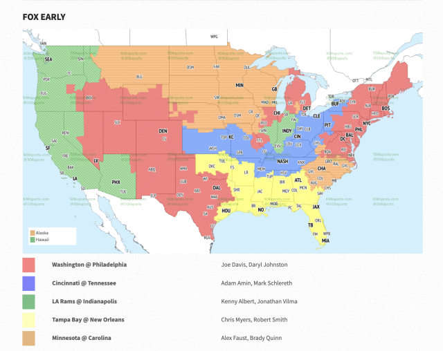 TV broadcast map for Bucs at Saints in Week 4
