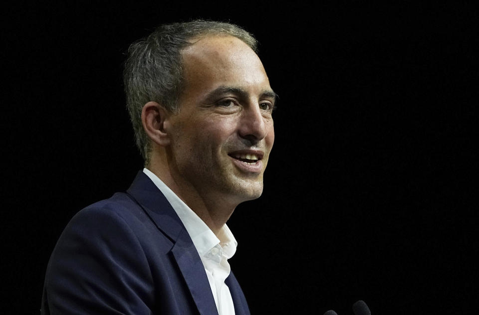 Raphael Glucksmann lead candidate of the French Socialist Party for the upcoming European election, speaks during a meeting in Paris, Thursday, May 30, 2024. (AP Photo/Michel Euler)