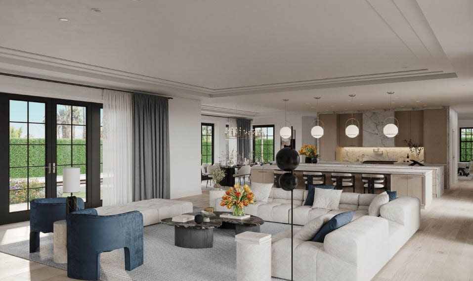 A rendering depicts the family room and kitchen of an under-construction Palm Beach house at 1090 S. Ocean Blvd., which was just listed at $45 million.