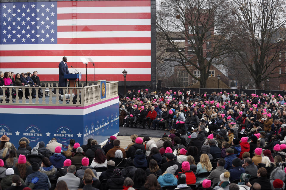 Michigan Lt. Gov. Garlin Gilchrist II addresses the crowd during inauguration ceremonies, Sunday, Jan. 1, 2023, outside the state Capitol in Lansing, Mich. (AP Photo/Al Goldis)