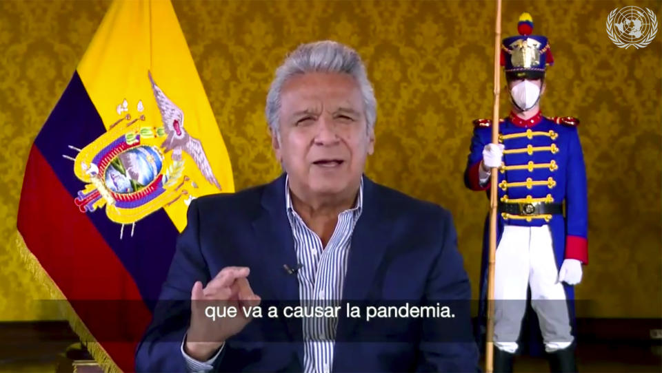 In this image made from UNTV video, Lenín Moreno, President of Ecuador, speaks in a pre-recorded message which was played during the U.N. General Assembly's special session to discuss the response to COVID-19 and the best path to recovery from the pandemic, Thursday, Dec. 3, 2020, at U.N. headquarters, in New York. (UNTV via AP)