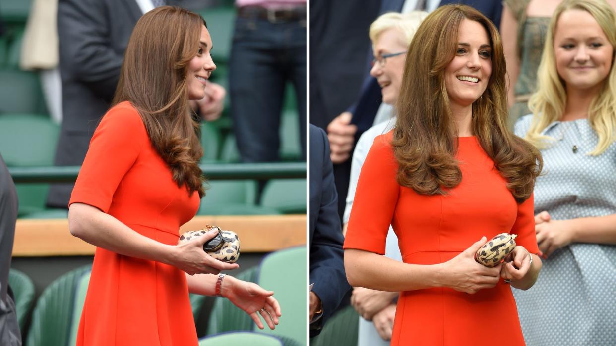  Composite of pictures of Kate Middleton carrying a leopard print clutch and wearing a red dress to Wimbledon in 2015. 