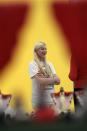 Artist Petra Cortright is seen near "Maracana" by Nelson Leirner, based on Maracana Stadium in Brazil, during construction of the exhibition, "Futbol: The Beautiful Game", at the Los Angeles County Museum of Art (LACMA) in Los Angeles, California, January 27, 2014. REUTERS/David McNew