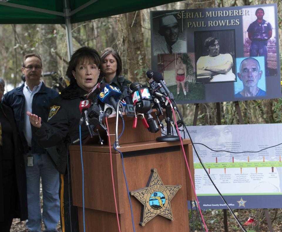 Alachua County Sheriff Sadie Darnell announces to the gathered media that detectives have identified a suspect, Paul Rowles, in the 1989 disappearance of University of Florida student Tiffany Sessions, Thursday, Feb. 6, 2014 in Gainsville, Fla. Rowles, a serial killer, died in prison last year. (AP Photo/Phil Sandlin)