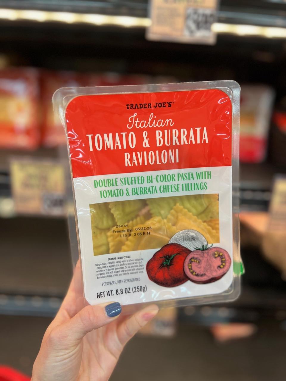 A package of Italian Tomato & Burrata Ravioloni: "double stuffed bi-color pasta with tomato & burrata cheese fillings"