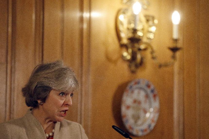 Britain's Prime Minister Theresa May speaks during a press conference with New Zealand's Prime Minster Bill English at 10 Downing Street in London, Friday, Jan. 13, 2017.(AP Photo/Frank Augstein, pool)