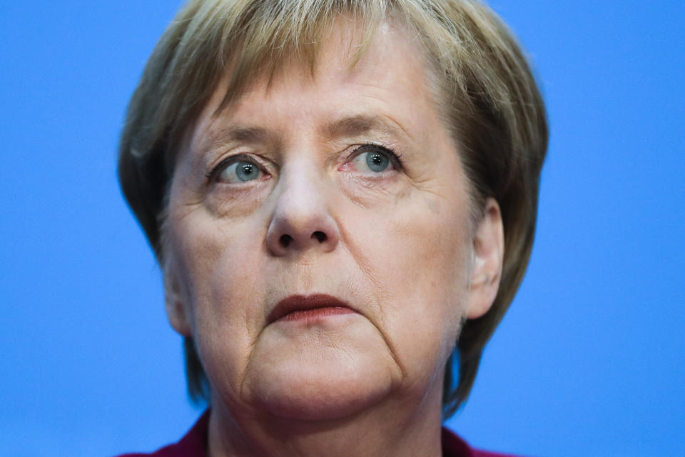 German Christian Democratic Party, CDU, chairwoman and Chancellor Angela Merkel addresses a news conference after a party's leaders meeting at the headquarters the in Berlin, Germany, Monday, Oct. 29, 2018. (AP Photo/Markus Schreiber)