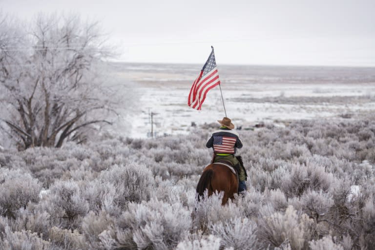 Duane Ehmer rides his horse Hellboy at the occupied Malheur National Wildlife Refuge in Oregon on January 7, 2016