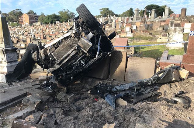 Graves were damaged as a drunk driver mounted the footpath, smashed through a brick wall, and crashed into a Sydney cemetery. Source: 7 News