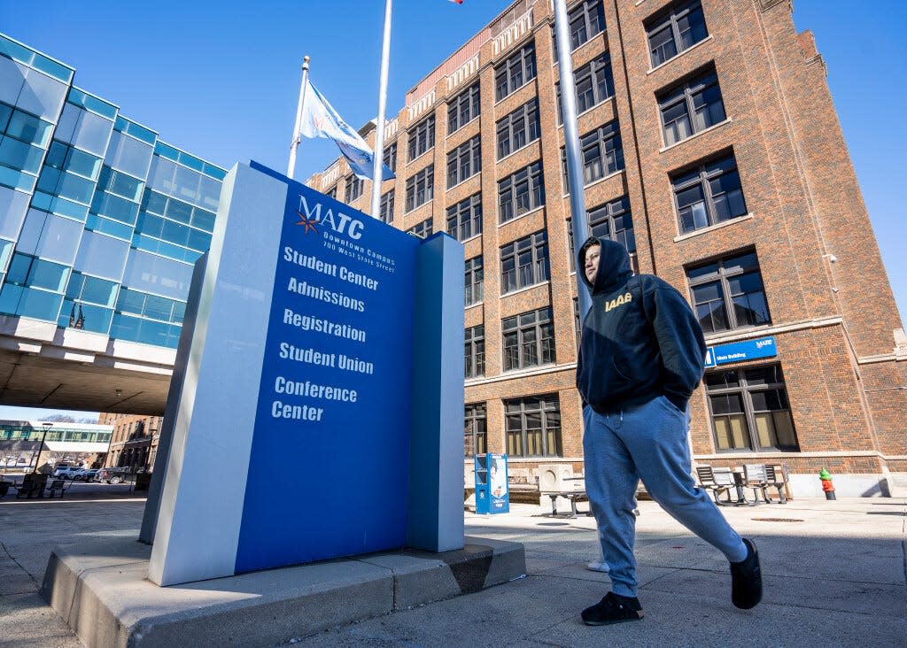 Alex Villafana, part of the electrical program at MATC, walks toward the MATC Student Center on Feb. 28. The college recently surveyed staff, students, faculty and community members about what they want to see in the next college president.