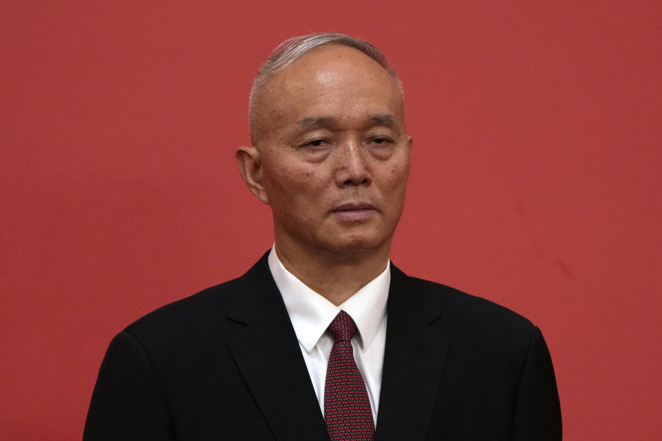 Cai Qi attends an event to introduce new members of the Politburo Standing Committee at the Great Hall of the People in Beijing, Sunday, Oct. 23, 2022. (AP Photo/Ng Han Guan)