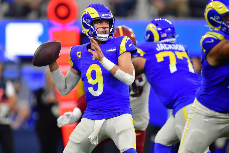 Dec 17, 2023; Inglewood, California, USA; Los Angeles Rams quarterback Matthew Stafford (9) drops back to pass against the Washington Commanders during the second half at SoFi Stadium. Mandatory Credit: Gary A. Vasquez-USA TODAY Sports