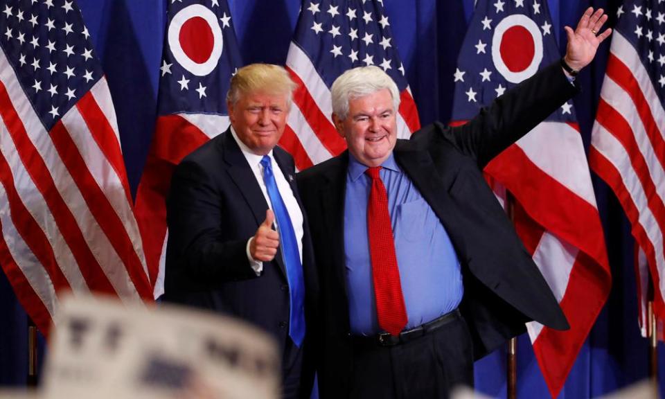 Newt Gingrich greets Donald Trump at a rally in Cincinnati in July 2016.