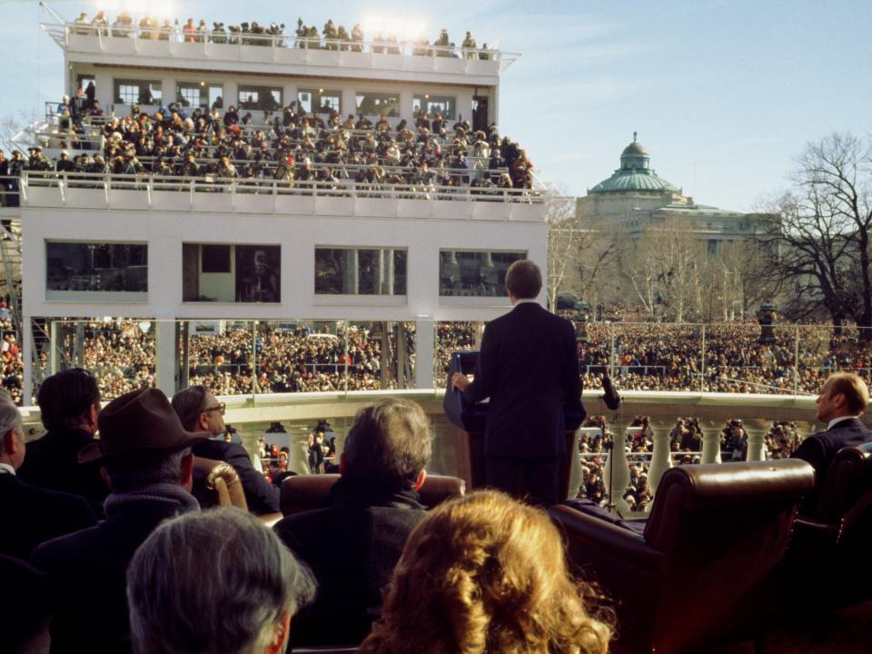 President Jimmy Carters speaks at his inauguration ceremony on the East Portico of the US Capitol, on January 20, 1977.