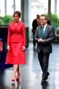 <p>Trump arrived in France wearing Christian Dior, which according to <a href="http://wwd.com/eye/people/first-lady-melania-trumps-herve-pierre-dior-paris-trip-10945372/" rel="nofollow noopener" target="_blank" data-ylk="slk:WWD;elm:context_link;itc:0;sec:content-canvas" class="link ">WWD</a>, was selected by her stylist, Hervé Pierre.</p>