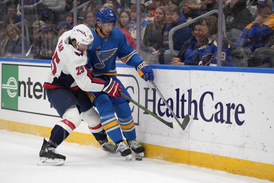 St. Louis Blues' Matthew Kessel (51) and Washington Capitals' Ethan Bear (25) battle for a loose puck along the boards during the second period of an NHL hockey game Saturday, Jan. 20, 2024, in St. Louis. (AP Photo/Jeff Roberson)