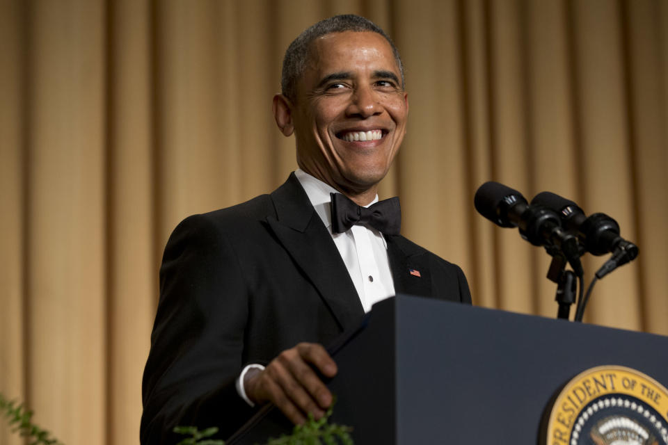 President Barack Obama smiles while making a joke during his speech at the White House Correspondents' Association (WHCA) Dinner at the Washington Hilton Hotel, Saturday, May 3, 2014, in Washington. (AP Photo/Jacquelyn Martin)