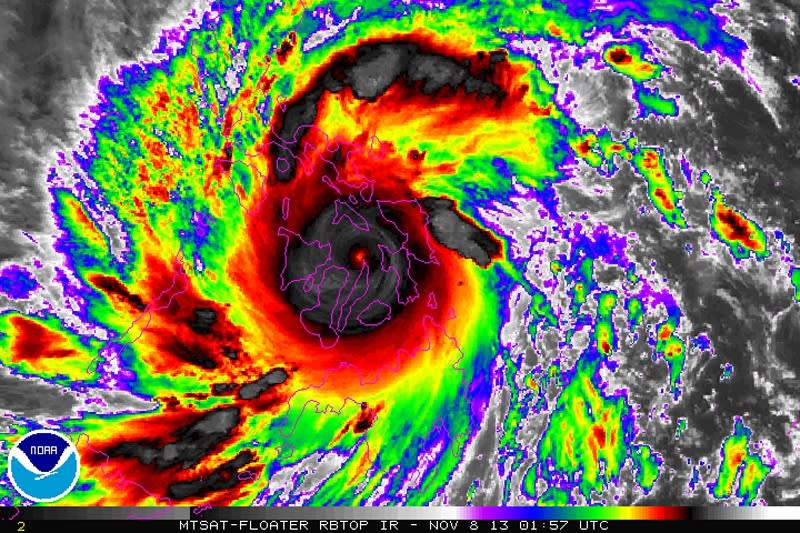 Typhoon Haiyan is pictured in this NOAA satellite handout image taken November 8, 2013 at 01:57 UTC. Haiyan, potentially the strongest recorded typhoon to make landfall, slammed into the Philippines' central islands on Friday, forcing millions of people to flee to safer ground or take refuge in storm shelters. REUTERS/NOAA/Handout via Reuters (PHILIPPINES - Tags: ENVIRONMENT TPX IMAGES OF THE DAY) FOR EDITORIAL USE ONLY. NOT FOR SALE FOR MARKETING OR ADVERTISING CAMPAIGNS. THIS IMAGE HAS BEEN SUPPLIED BY A THIRD PARTY. IT IS DISTRIBUTED, EXACTLY AS RECEIVED BY REUTERS, AS A SERVICE TO CLIENTS