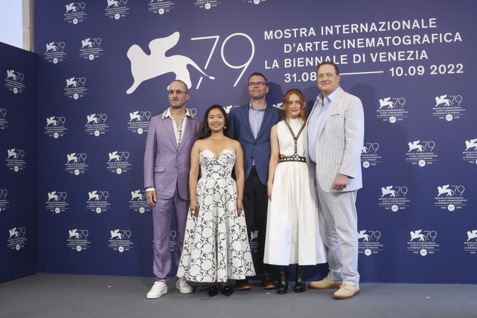 Director Darren Aronofsky, from left, Hong Chau, Ty Simpkins, Sadie Sink and Brendan Fraser pose for photographers at the photo call for the film 'The Whale' during the 79th edition of the Venice Film Festival in Venice, Italy, Sunday, Sept. 4, 2022. (Photo by Joel C Ryan/Invision/AP)