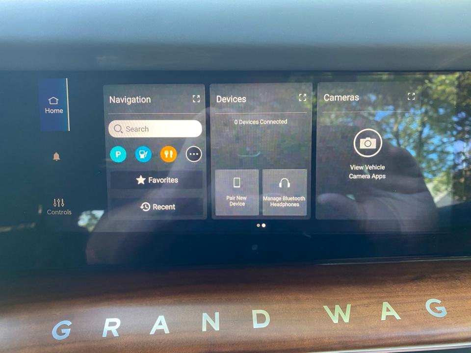 A touch screen for the front passenger is invisible to the 2022 Jeep Grand Wagoneer's driver.