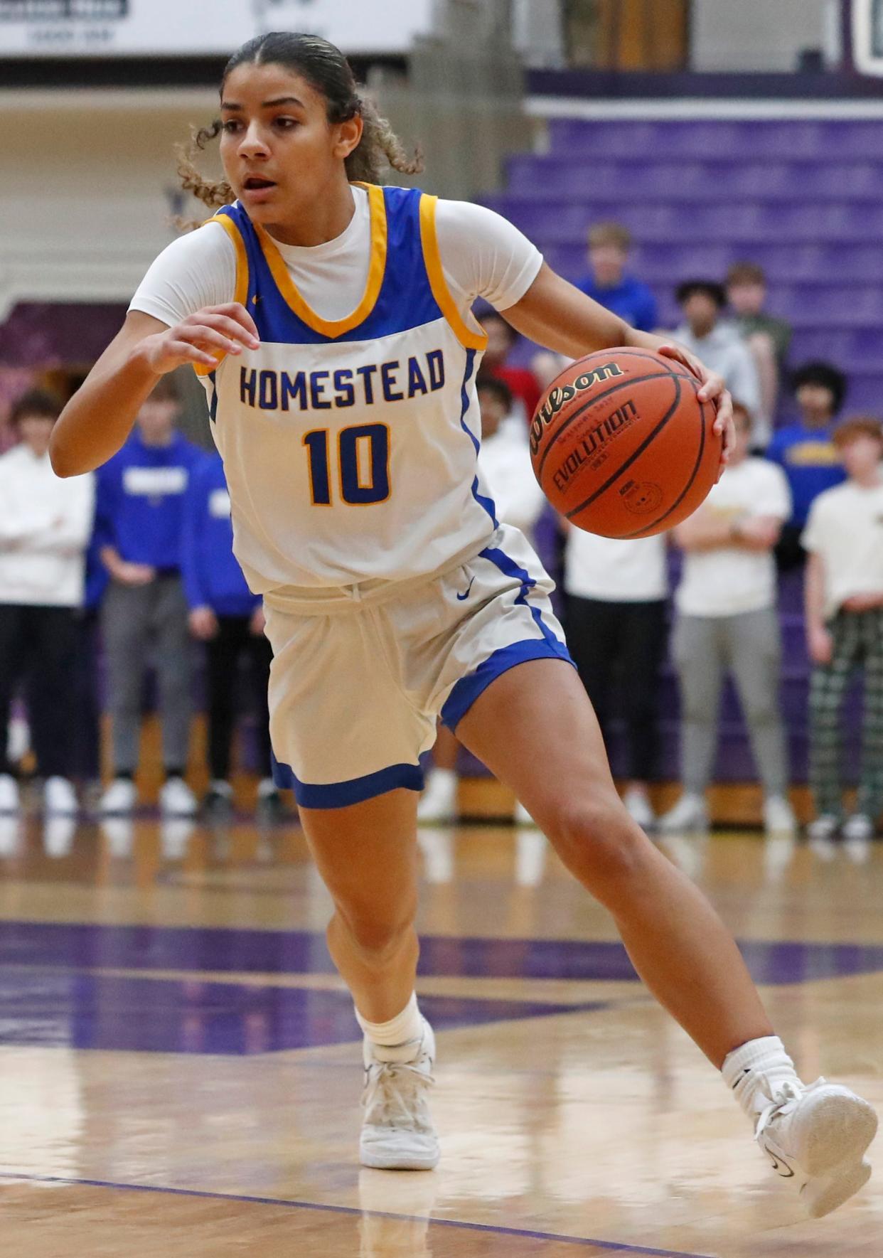 Homestead Spartans guard Myah Epps (10) drives to the basket during the IHSAA girl’s basketball regional game against the McCutcheon Mavericks, Saturday, Feb. 10, 2024, at Marion High School in Marion, Ind.