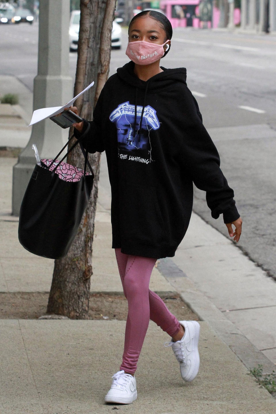 <p>Skai Jackson coordinated her face mask and her leggings while making her way to <em>Dancing with the Stars</em> rehearsals in Los Angeles.</p>