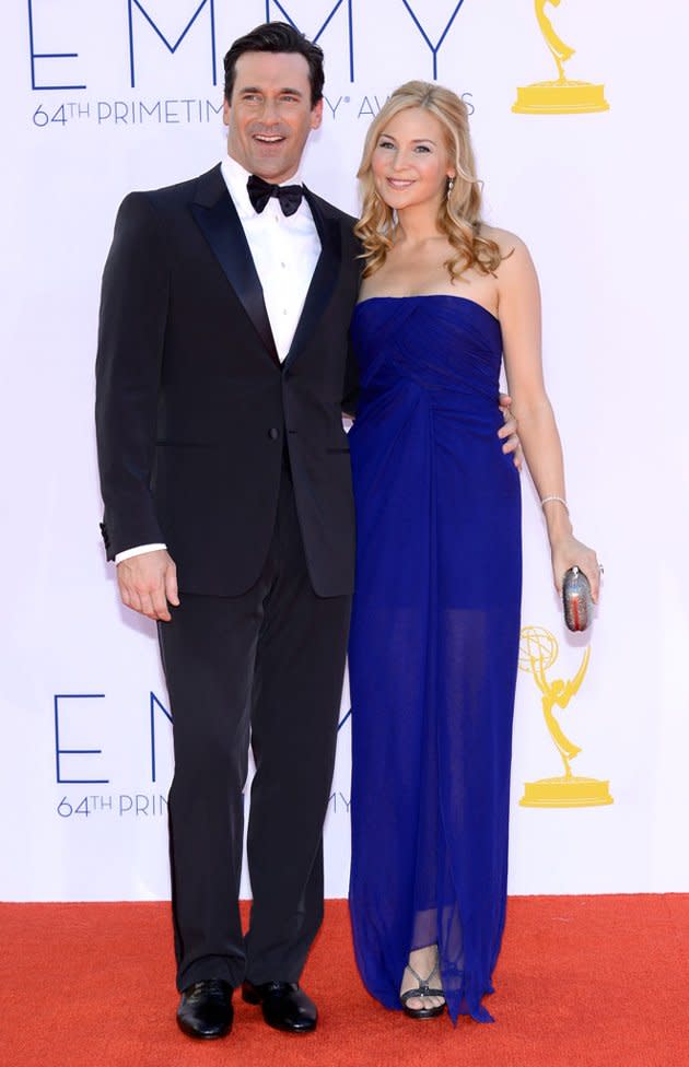 “Mad Men” star and Emmy nominee Jon Hamm looked like a dapper Don Draper in his Armani tux, but we didn’t love his actress girlfriend Jennifer Westfeldt’s shapeless and partially see-through royal blue J. Mendel gown.