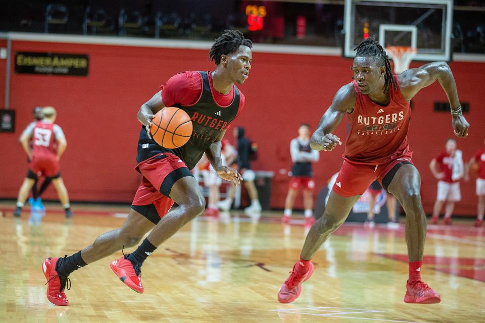 Antwone Woolfolk and Clifford Omoruyi practice during Rutgers men's basketball media day at Jersey Mike's Arena in Piscataway, NJ Tuesday, October 3, 2023.