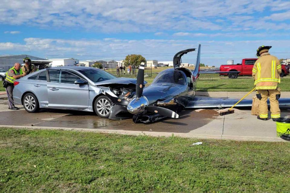 <p>McKinney Fire Dept.</p> A small plane crashed into a car in Texas on Saturday after overshooting a runway while making an emergency landing, authorities said.