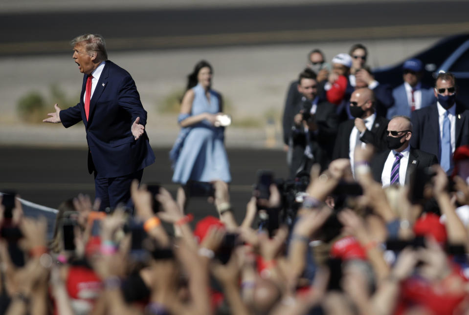 BULLHEAD CITY, ARIZONA - OCTOBER 28: U.S. President Donald Trump arrives at a campaign rally on October 28, 2020 in Bullhead City, Arizona. With less than a week until Election Day, Trump and Democratic presidential nominee Joe Biden are campaigning across the country. (Photo by Isaac Brekken/Getty Images)