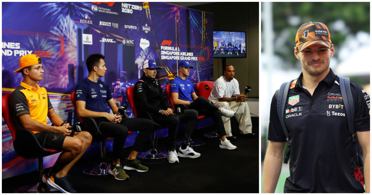 Drivers at the F1 Singapore Grand Prix press conference - (left pic, from left) Lando Norris, Alex Albon, Esteban Ocon, Mick Schumacher and Lewis Hamilton - spoke about the spectacular season of overall leader Max Verstappen (right). (PHOTOS: Singapore GP)