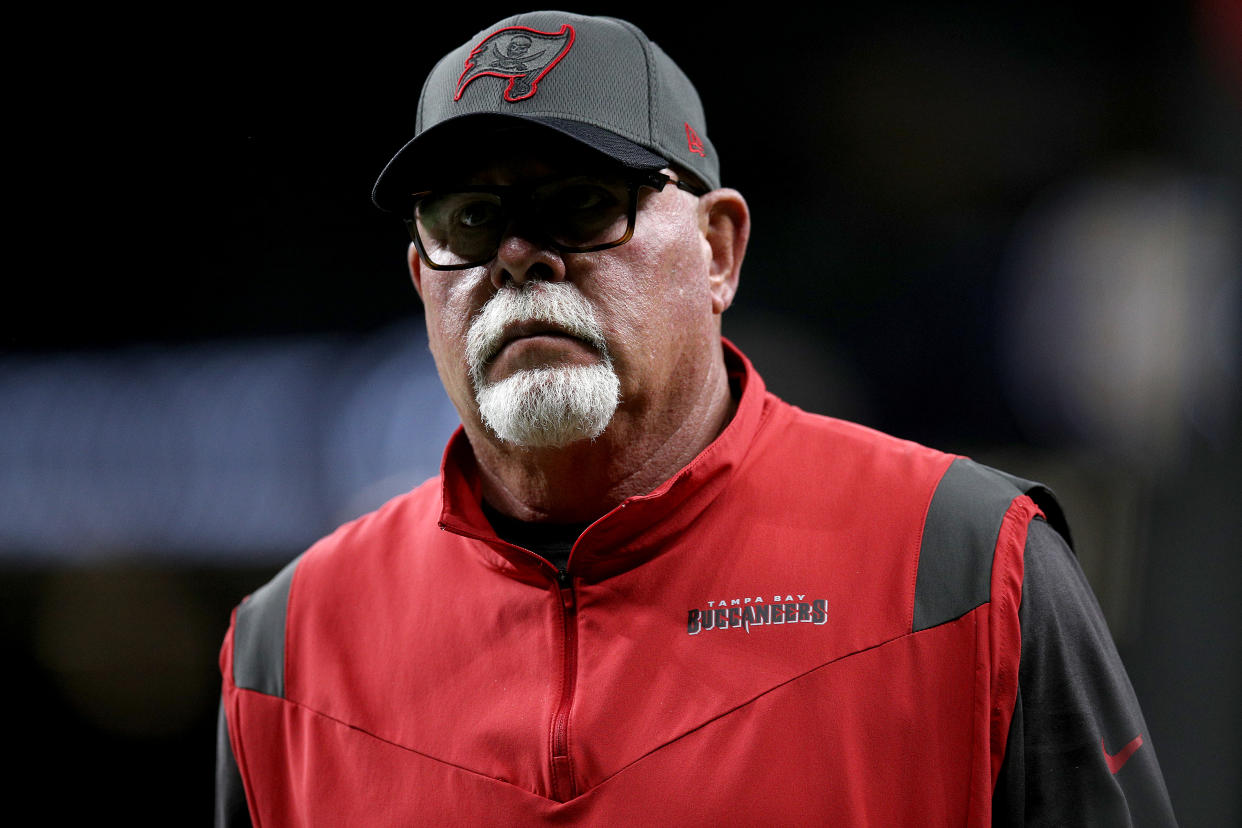 NEW ORLEANS, LOUISIANA - OCTOBER 31: Tampa Bay Buccaneers head coach Bruce Arians walks on the field during a NFL game against the New Orleans Saints at Caesars Superdome on October 31, 2021 in New Orleans, Louisiana. (Photo by Sean Gardner/Getty Images)