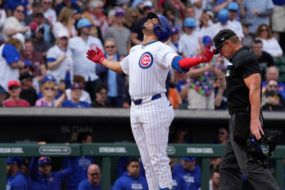 Christopher Morel reacts after hitting a two run home run against the Chicago White Sox