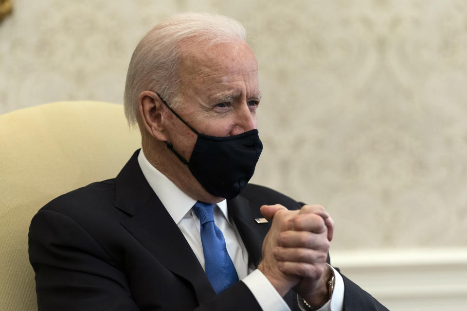 President Joe Biden speaks during a bi-partisan meeting about cancer in the Oval Office of the White House, Wednesday, March 3, 2021, in Washington. (AP Photo/Alex Brandon)