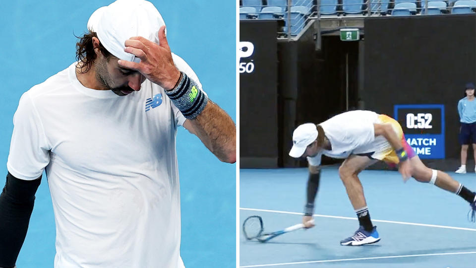 Jordan Thompson was a frustrated figure during his loss to Reilly Opelka at the Sydney Tennis Classic, smashing his racquet early in the second set. Pictures: Getty Images/Channel 9