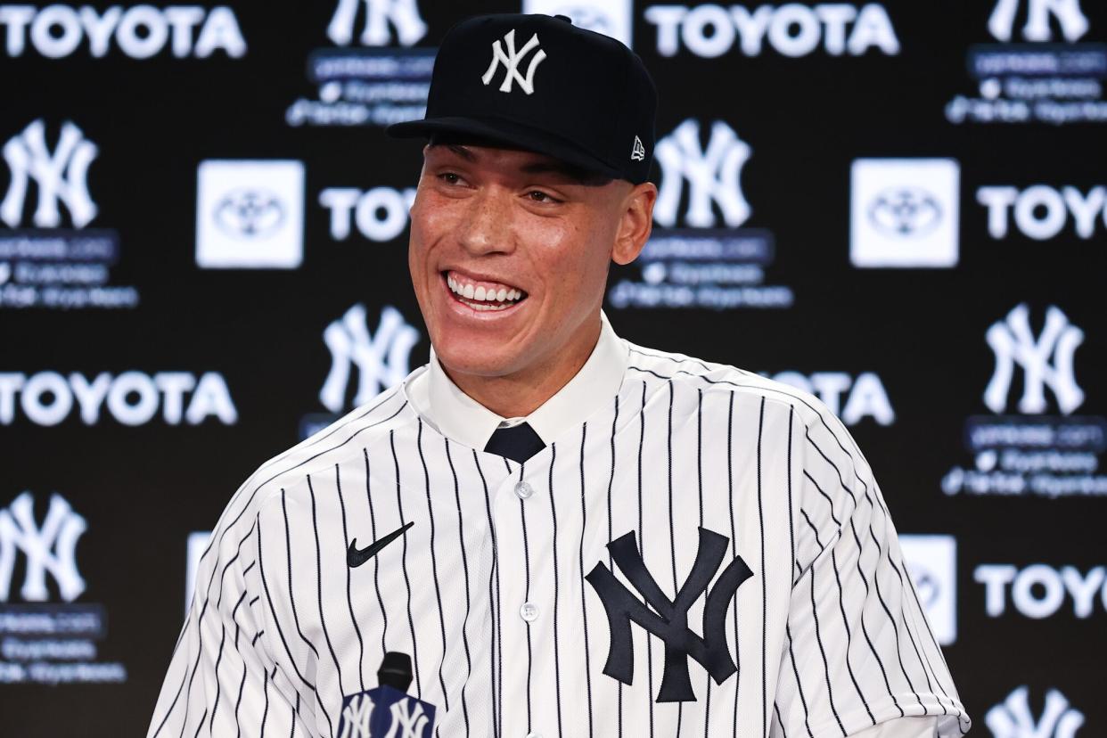 Aaron Judge #99 of the New York Yankees speaks to the media during a press conference at Yankee Stadium on December 21, 2022 in Bronx, New York.