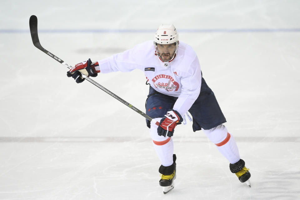 Washington Capitals left wing Alex Ovechkin skates during a drill at practice at the team's NHL hockey training camp, Thursday, Sept. 23, 2021, in Arlington, Va. (AP Photo/Nick Wass)