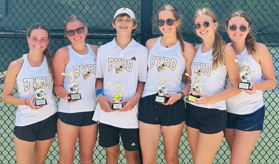 Byrd's Isabella and Hannah Young, Knox Stinson, along with Morgan, Sydney and Avery Young captured trophies at the LHSAA Regional tennis championships Tuesday in Ruston.