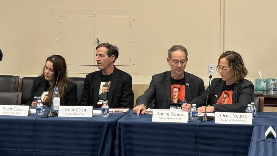 American families of Israeli soldiers believed to be held by Hamas speak on Capitol Hill on Wednesday, calling for more international pressure to secure the release of their sons. (Laura Kelly)