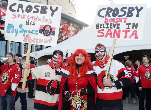 OTTAWA, ON – MAY 19: Fans ham it up prior to the start of the game between the Ottawa Senators and the Pittsburgh Penguins in Game Four of the Eastern Conference Final during the 2017 NHL Stanley Cup Playoffs at Canadian Tire Centre on May 19, 2017 in Ottawa, Ontario, Canada. (Photo by Jana Chytilova/Freestyle Photography/Getty Images)