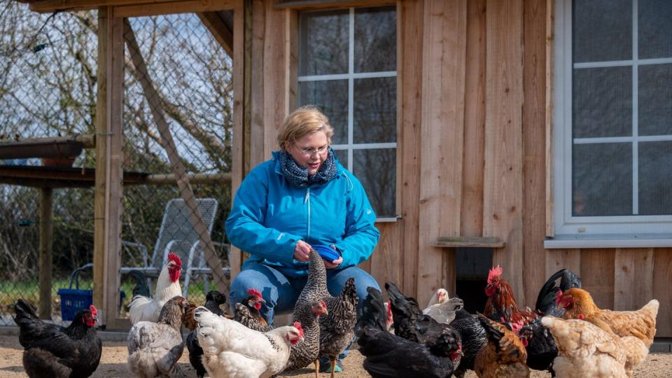 Karin Jaskowsky füttert im Gehege einen Teil der Dorfhühner.