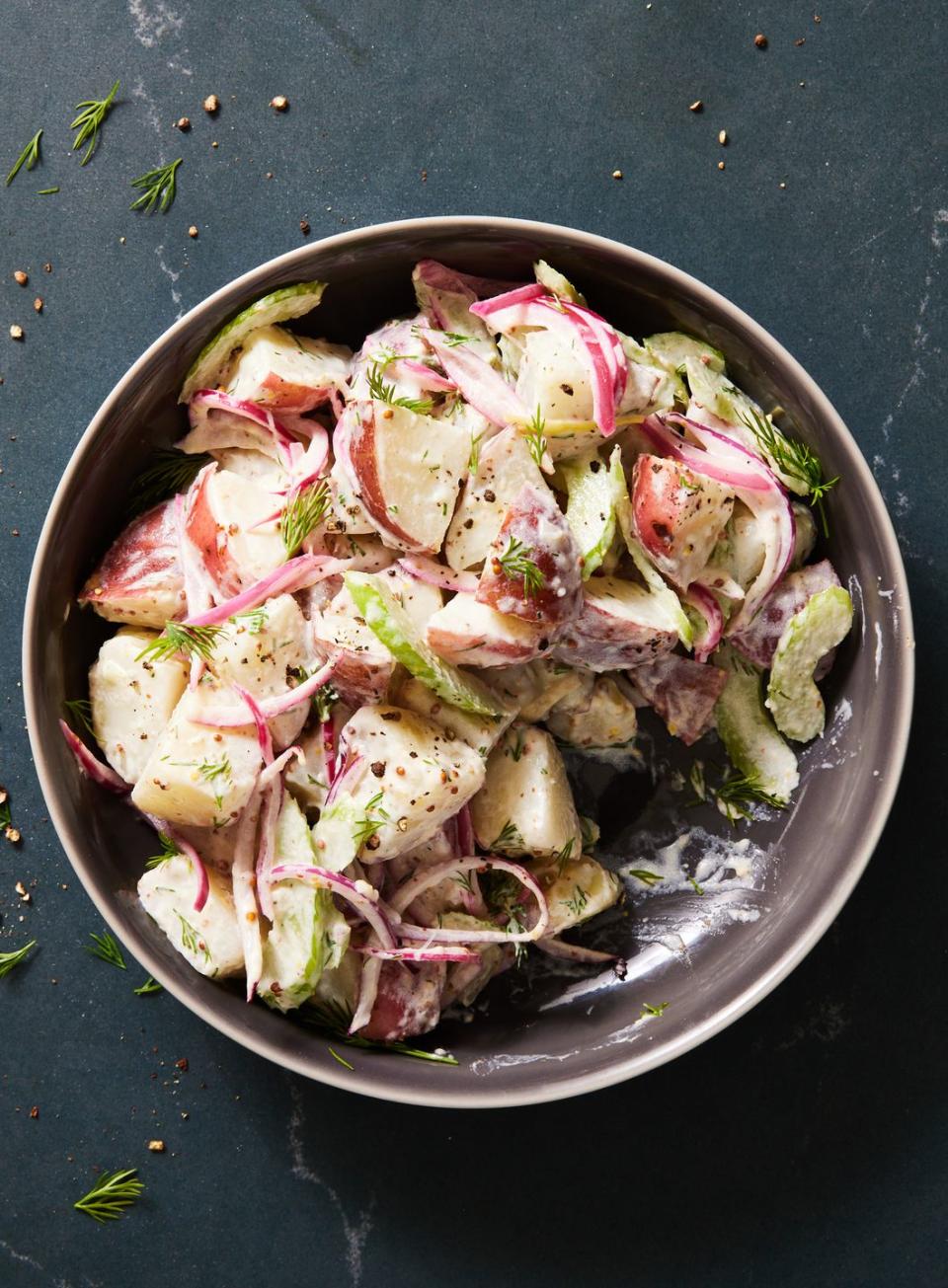 <p>This salad recipe is simple, with 2 types of mustard (Dijon for kick and whole grain for a bit of sweetness) and some <a href="https://www.delish.com/cooking/recipe-ideas/a27245453/pickled-red-onions-recipe/" rel="nofollow noopener" target="_blank" data-ylk="slk:pickled red onions;elm:context_link;itc:0;sec:content-canvas" class="link ">pickled red onions</a> for acid and crispness. With only 2/3 cup of mayo, it isn't too creamy but you still get the richness you expect in a <a href="https://www.delish.com/cooking/recipe-ideas/recipes/a53128/classic-potato-salad-recipe/" rel="nofollow noopener" target="_blank" data-ylk="slk:potato salad;elm:context_link;itc:0;sec:content-canvas" class="link ">potato salad</a>.</p><p>Get the <strong><a href="https://www.delish.com/cooking/recipe-ideas/a36743797/red-potato-salad-recipe/" rel="nofollow noopener" target="_blank" data-ylk="slk:Red Potato Salad recipe;elm:context_link;itc:0;sec:content-canvas" class="link ">Red Potato Salad recipe</a></strong>.</p>