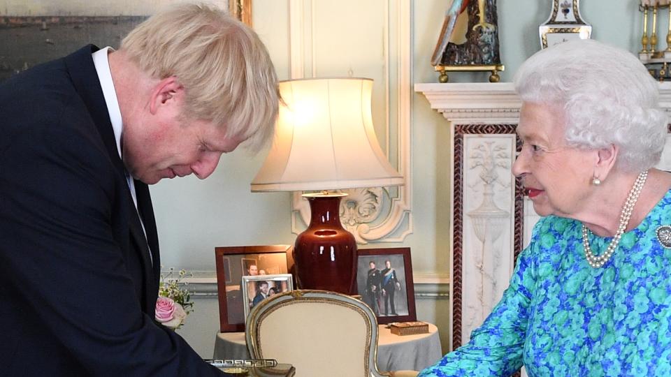 Queen Elizabeth II welcomes Boris Johnson during an audience